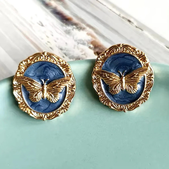 Vintage Blue Butterfly Gold Earrings - Picture 2 of 5